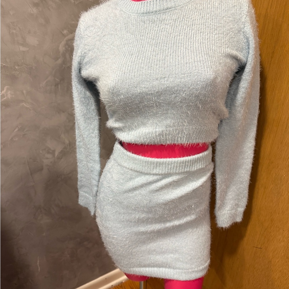 Fashion Nova Soft Blue Knit Skirt Set